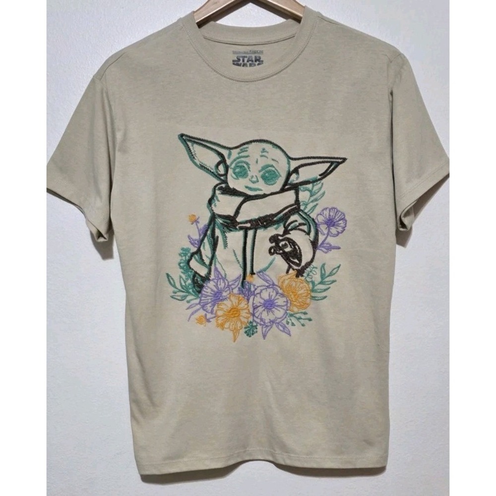 Star Wars Shirt Freeze Baby Yoda Embroidered Front Sz S Tshirt Beige Hippie Boho